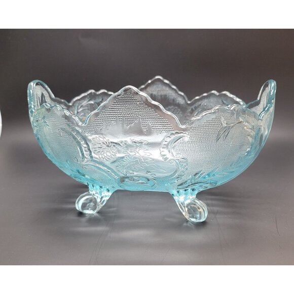 Blue Glass Bowl Jeannette Lombardi Floral Oval Footed Dish DD19 - Picture 5 of 7